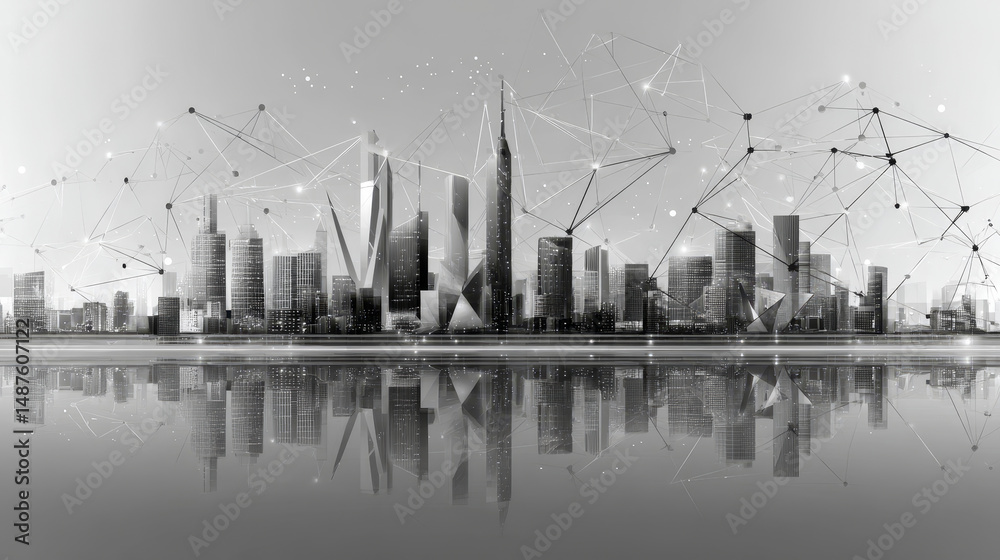 Poster urban architecture, cityscape with structure lines. low polygon line, triangles, and particle style 