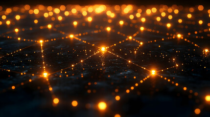 Obraz premium Dotted, glowing lights connected by fine lines create an abstract, network-like pattern against a dark background