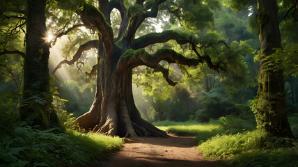 Fototapeta premium Ancient trees in an enchanted forest with sunbeams