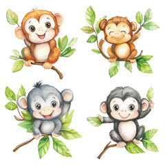 Adorable collection of cartoon monkeys, each perched on a leafy branch, exuding joy and playfulness