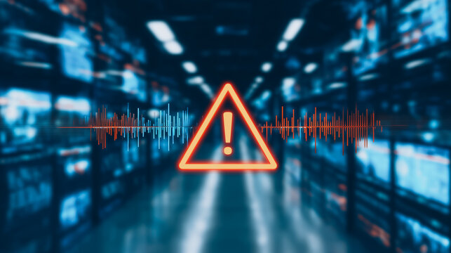 Cybersecurity Warning: An ominous warning symbol, a stark red triangle with an exclamation point, stands out against a backdrop of a blurred,  futuristic server room. - Powered by Adobe