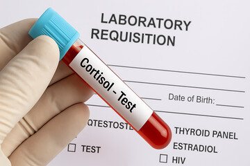 Cortisol test blood sample in red tube held by gloved hand over laboratory requisition form, used for stress hormone diagnosis and endocrine system medical testing procedure

