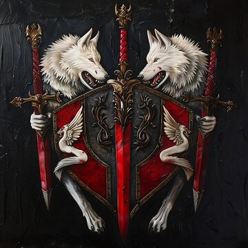 A striking coat of arms features two white wolves, holding crossed red swords, on a shield divided into red and black halves, set against a dark background.