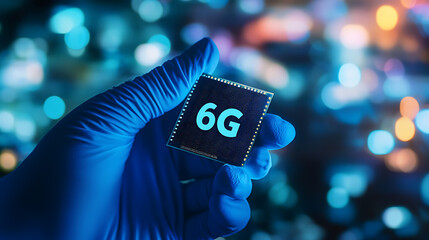 Holding a 6G Chip: A gloved hand presents a microchip labeled '6G,' symbolizing the next generation of wireless technology against a blurred, colorful background.