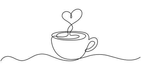 Continuous thin line coffee cup with smoke vector illustration, minimalist sketch doodle for cafe, Coffee cup continuous line sketch tea icon cafe sketch drink single art outline mug logo food. Doodle