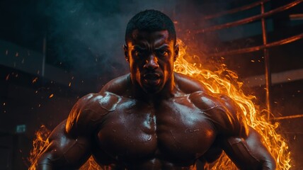 Intense Muscular Fighter Surrounded by Flames in a Dramatic Combat Scene