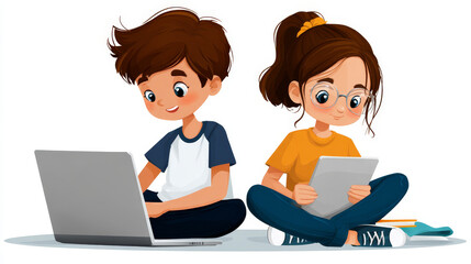 Online education of children on computer through internet web platform. Back to school. Technology remote study or learning of kids. Banner of digital studying. Boy and girl look at webinar on laptop