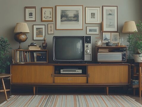 Vintage living room setting with retro television and classic decor items. Use for articles about home design, vintage themes, and retro nostalgia.