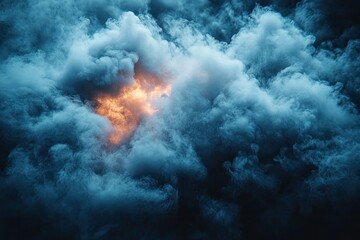 Fototapeta premium Dramatic image of blue clouds with golden burst of light at center. Use it for creative designs, backgrounds, or to convey feelings.