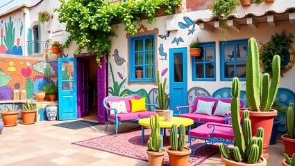 Fototapeta premium Artistic house terrace with vibrant murals, color-coordinated furniture, and potted cacti