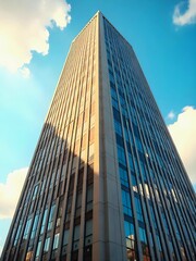 Obraz premium Skyscraper MajestyDescription: A majestic view of a towering modern skyscraper from a low angle, showcasing its impressive height and sleek glass facade under a partly cloudy sky.