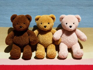 Vibrant plush teddy bears in a variety of colors arranged on a colorful striped background evoking feelings of childhood nostalgia and warmth showcasing a playful atmosphere of companionship