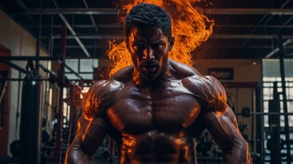 Intense muscular male athlete with fiery effects in a gym environment
