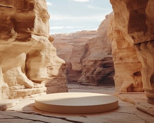 Empty beige platform in a sunlit desert canyon.