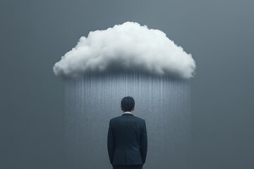 Raincloud over a businessman. A symbolic representation of stress, depression, or difficulties that may befall a business person in professional life.