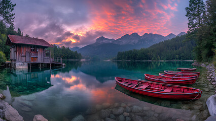 Tranquil Mountain Lake at Sunset with Red Rowboats and Boathouse Reflection