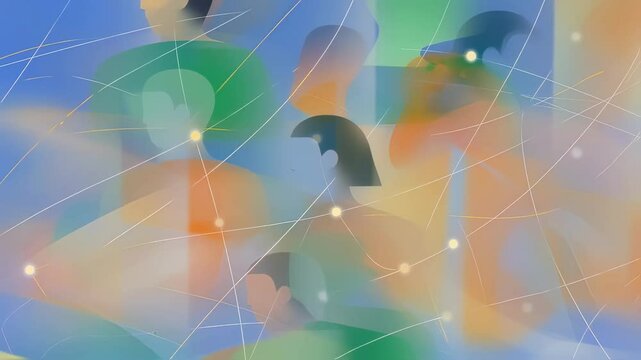 An illustration of interconnected users with data points where some points are marked as blurred or distorted conveying the idea of safeguarding identities through noise in differential
