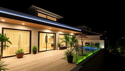 Fototapeta premium Asian modern house terrace at night with ambient LED lighting
