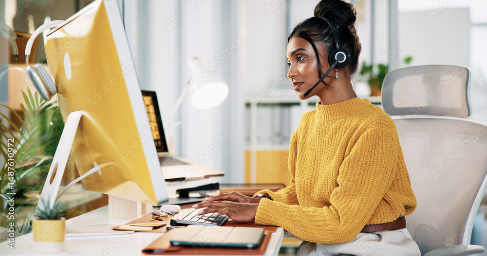 Aufkleber Typing, representative and woman with computer, call center and info for order on website and online. Customer service, agent and person with tech for communication, research and headset for chat