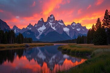 Majestic mountains silhouetted against sunset sky above tranquil river and forest