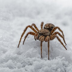 A spider in winter retreat, white background