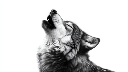Naklejka premium A stunning black and white photograph of a wolf howling against a stark white background, capturing the essence of wildness and emotion in an elegant and powerful way.