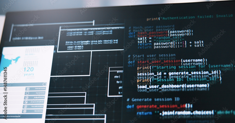 Poster Computer screen, code and software development with programming language for AI or web design at office. Empty, technology or display with backend UI for UX, cybersecurity or database at workplace