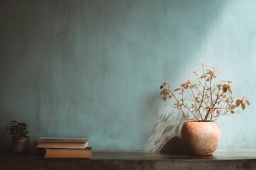 Serene Plant, Books, and Teal Wall: A Minimalist Still Life