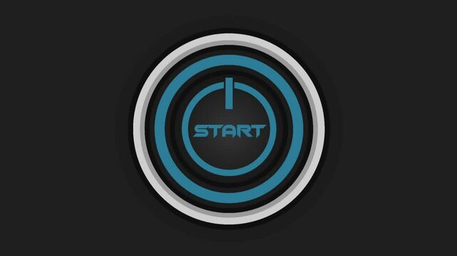 Futuristic "START" button in bright blue with power symbol
