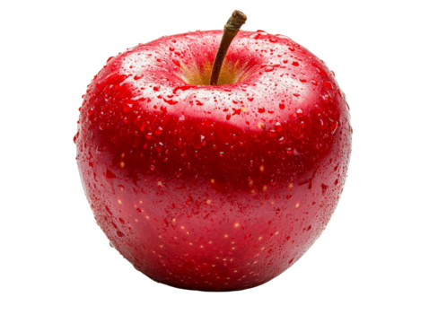 A fresh organic apple with a glossy red surface, isolated on a transparent background, PNG file.