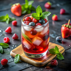 Cold fruit cocktail in glass on table served as refreshing and colorful drink