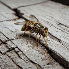 A hoverfly in attic crack, dormant pose, pure white