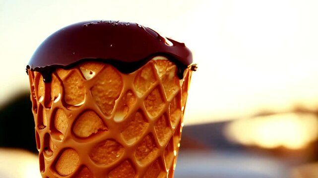 Close-up of a chocolate-topped vanilla ice cream cone with a waffle texture shot in warm sunlight creating a delicious and inviting dessert visual