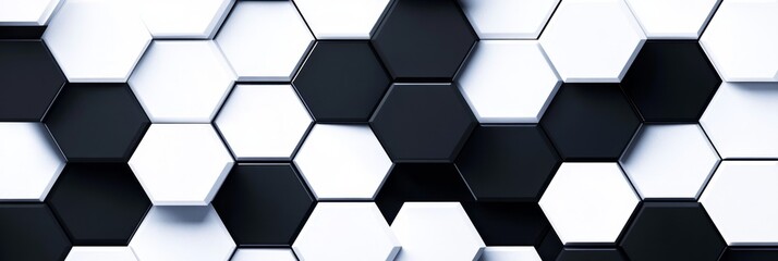 Fototapeta premium Monochrome Hexagon Geometric Pattern - Abstract geometric background, monochrome hexagon pattern, texture, black and white design, 3D illustration. Symbolizes structure, technology, balance