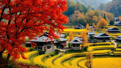 Autumn foliage surrounding Asian terrace homes and yellow rice fields