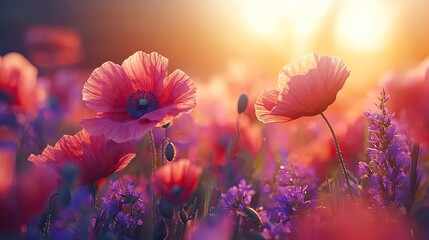 Obraz premium Field of pink poppies bask in golden sunlight, blur background. Ideal for projects needing summer, spring, or a natural backdrop.