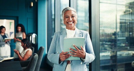 Plakat Office, mature and businesswoman with tablet in portrait, news story and notification for blog post. Newsroom, female person and editor with technology for publication, article website and happiness