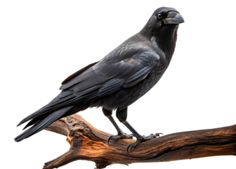 Black crow standing on tree branch, isolated on white background PNG 