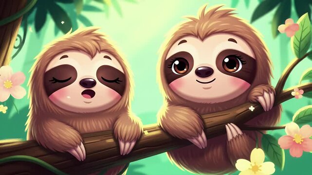 Two Adorable Brown Cartoon Sloths Sleeping on Tree Branch with Green Foliage