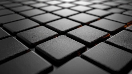 Black textured cubes create an abstract grid with dark, moody lighting effect. Suitable for tech, design and conceptual backgrounds, emphasizing sophistication.
