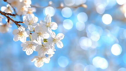 White Cherry Blossoms Against Blue Bokeh Background
