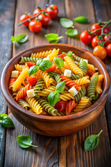 
Colorful pasta served in bowl on cutting board as vibrant fresh meal