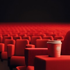 Obraz premium Red paper cup with lid rests on a plush red theatre seat