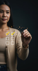  Task Management: Woman Completing Checklist with Virtual Interface - Productivity, Efficiency, & Digital To-Do List