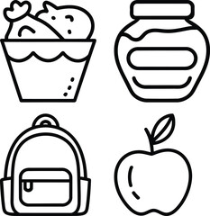 Minimalist School Lunch Line Icons – Snack Bucket, Jam Pot, Backpack & Apple