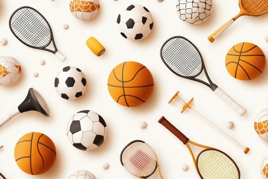 Vector illustration of various sports equipment including basketball, soccer ball, tennis racket, and football arranged in a neat pattern on a clean white background with soft shadows, stock vector - Powered by Adobe