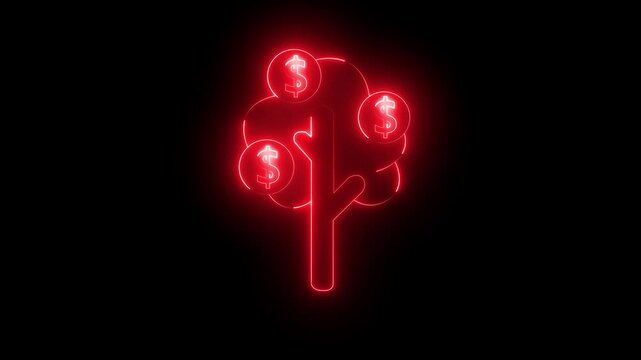 glowing neon dollar tree icon animation with black background. Neon Glowing Outline Tree Animation, Tree symbol, red color tree icon on Black Background.