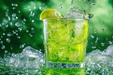 Fototapeta premium Refreshing lime drink with splashing ice.