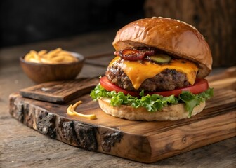 Juicy Cheeseburger with Lettuce, Tomato, Pickles, and Melted Cheese on Rustic Wooden Board