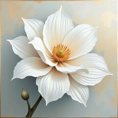 Painting of white flower with yellow center on canvas
